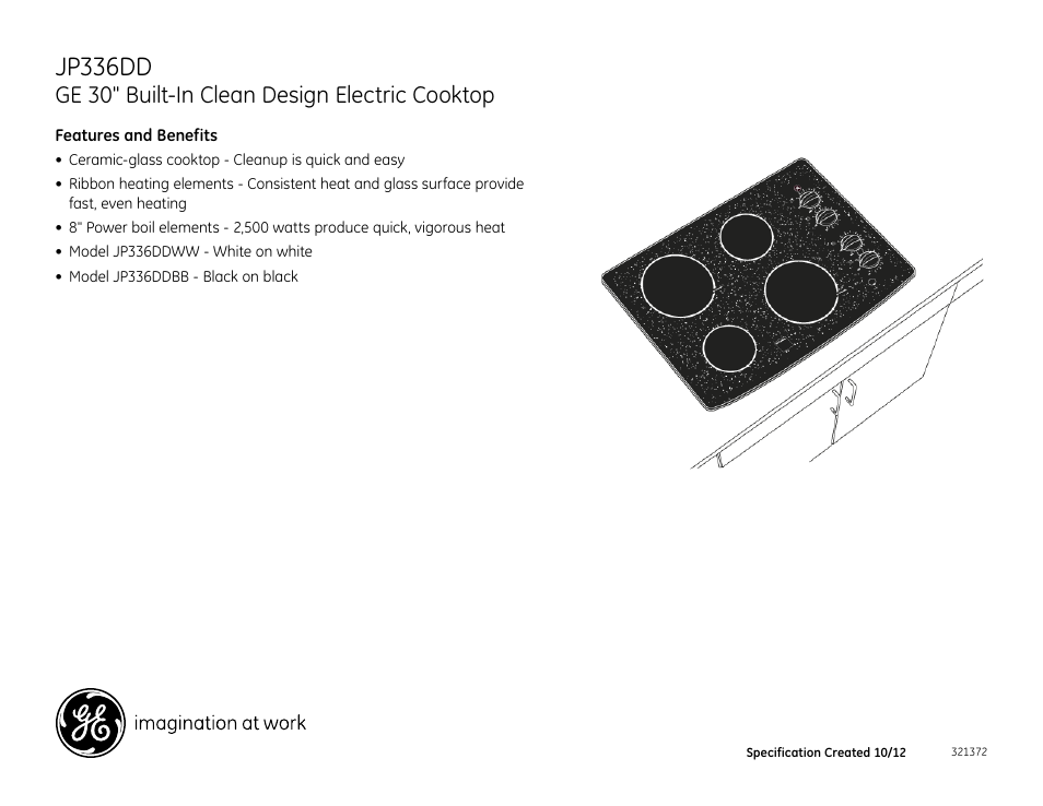 Jp336dd, Ge 30" built-in clean design electric cooktop | GE JP336DDBB User Manual | Page 2 / 2