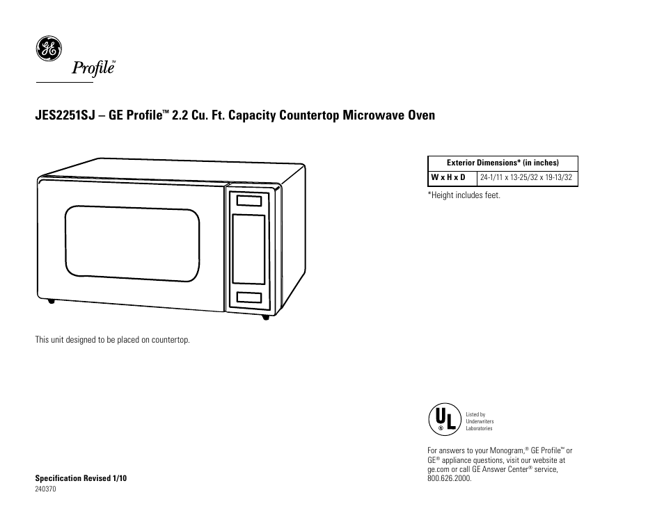 GE JES2251SJ User Manual | 2 pages