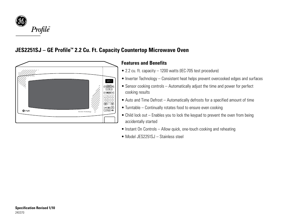 Jes2251sj – ge profile, 2 cu. ft. capacity countertop microwave oven | GE JES2251SJ User Manual | Page 2 / 2
