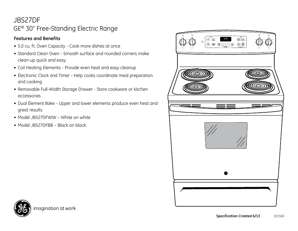 Jbs27df, 30" free-standing electric range | GE JBS27DFWW User Manual | Page 2 / 2