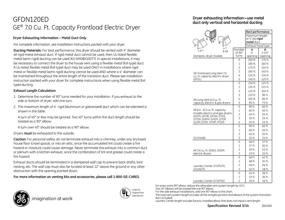 Gfdn120ed, 0 cu. ft. capacity frontload electric dryer | GE GFDN120EDWW User Manual | Page 3 / 4