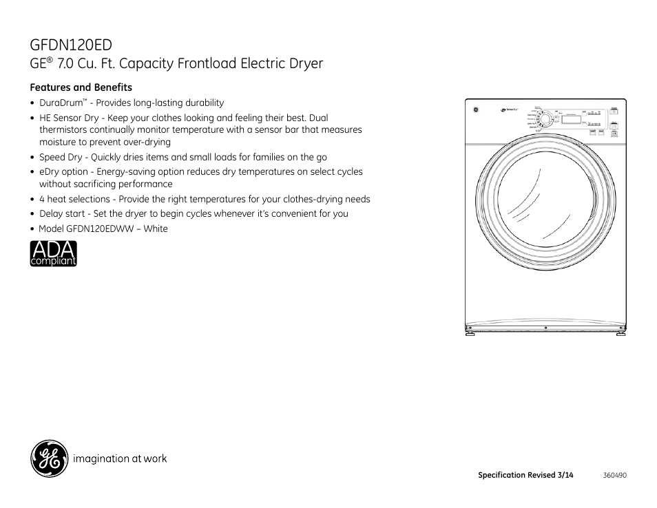 Gfdn120ed, 0 cu. ft. capacity frontload electric dryer | GE GFDN120EDWW User Manual | Page 4 / 4