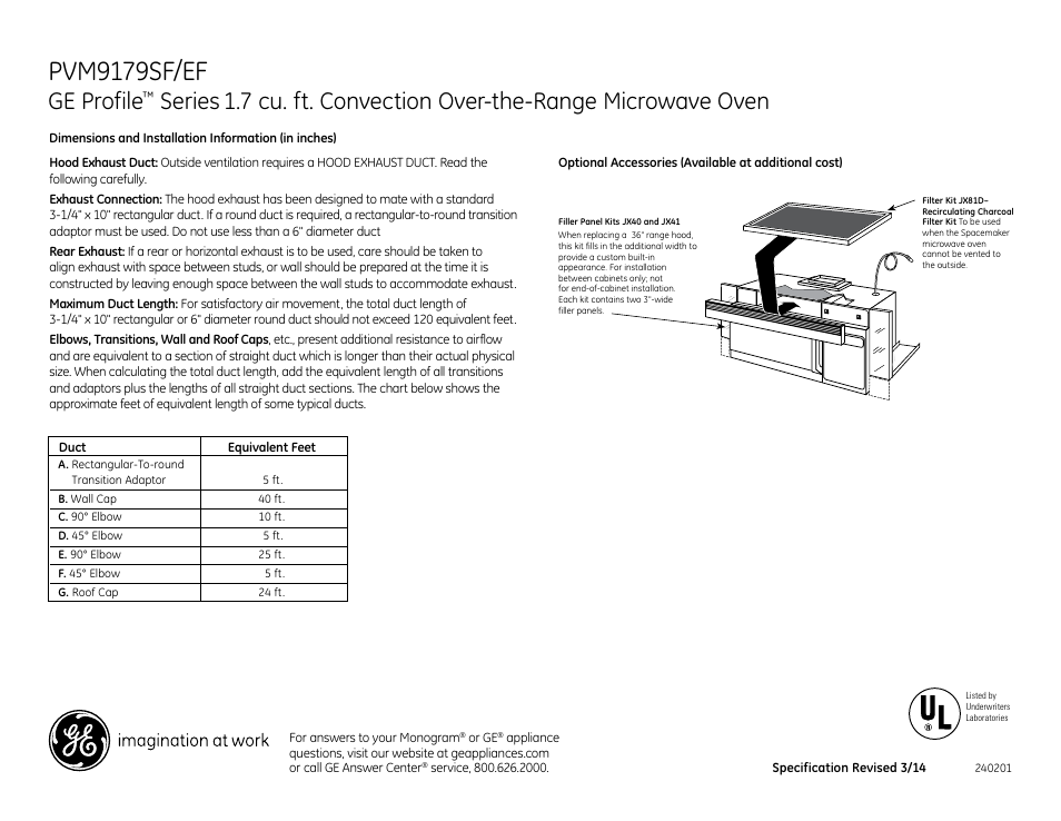 Pvm9179sf/ef, Ge profile, Series | 7 cu. ft. convection over-the-range microwave oven | GE PVM9179SFSS User Manual | Page 2 / 3