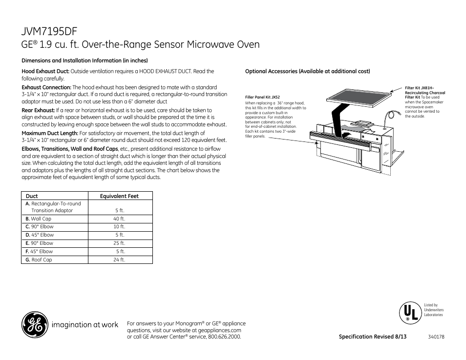 Jvm7195df, 9 cu. ft. over-the-range sensor microwave oven | GE JVM7195DFBB User Manual | Page 2 / 3