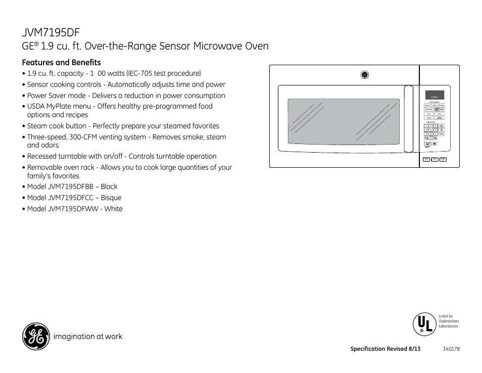 Jvm7195df, 9 cu. ft. over-the-range sensor microwave oven | GE JVM7195DFBB User Manual | Page 3 / 3