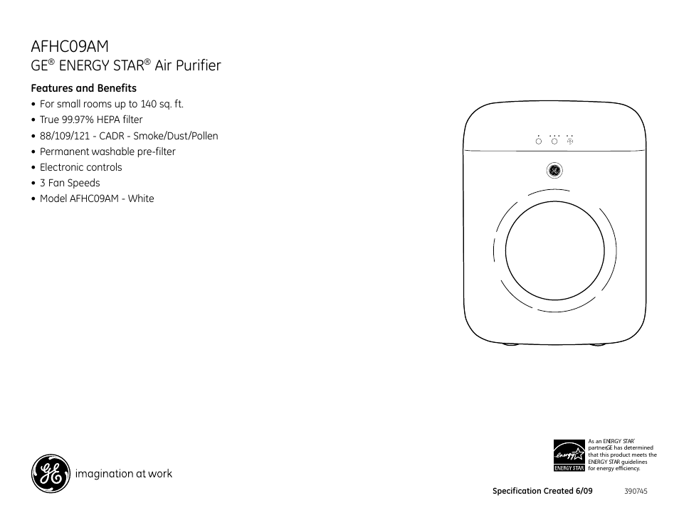 Afhc09am, Energy star, Air purifier | GE AFHC09AM User Manual | Page 2 / 2