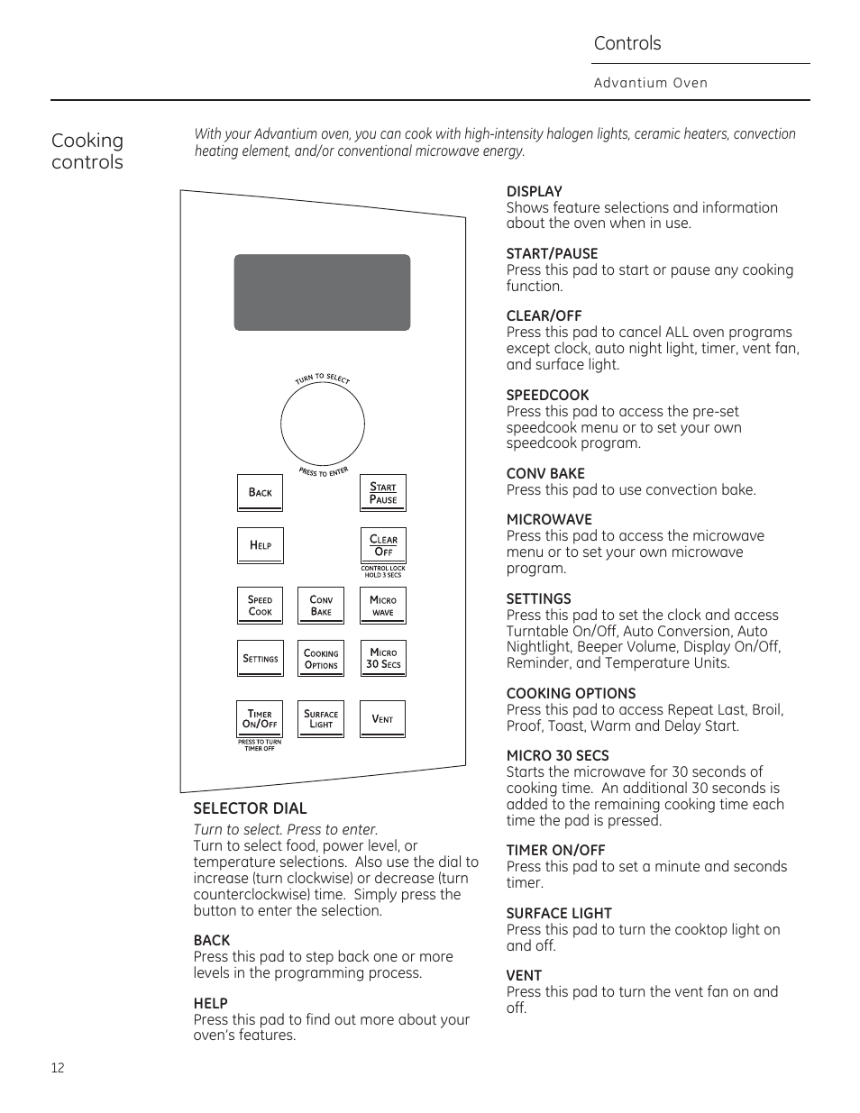 Controls, Display, Start/pause | Clear/off, Speedcook, Conv bake, Settings, Cooking options, Micro 30 secs, Timer on/off | GE CSA1201RSS User Manual | Page 12 / 80
