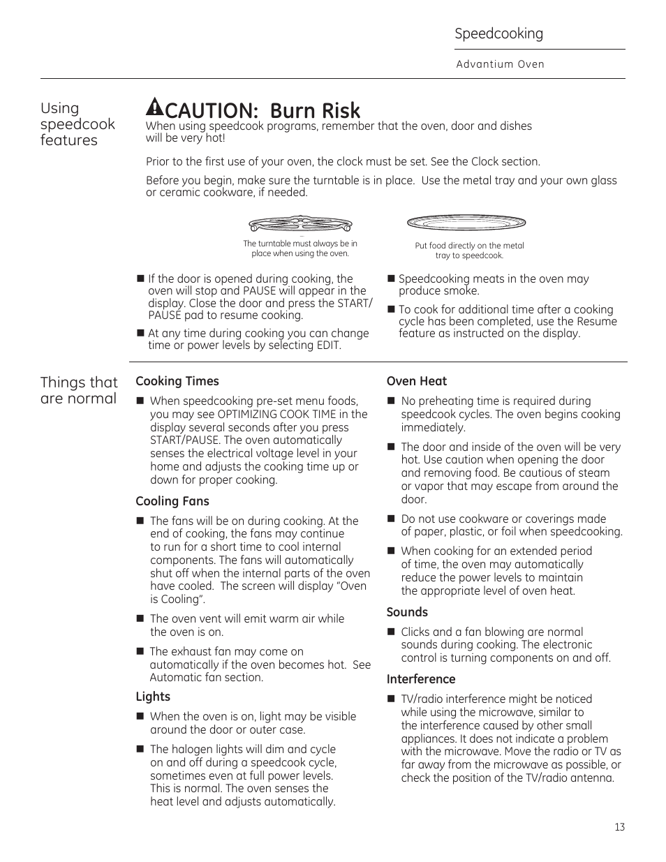 Acaution: burn risk, Ution: burn risk, Using speedcook features | Things that are normal, Speedcooking | GE CSA1201RSS User Manual | Page 13 / 80