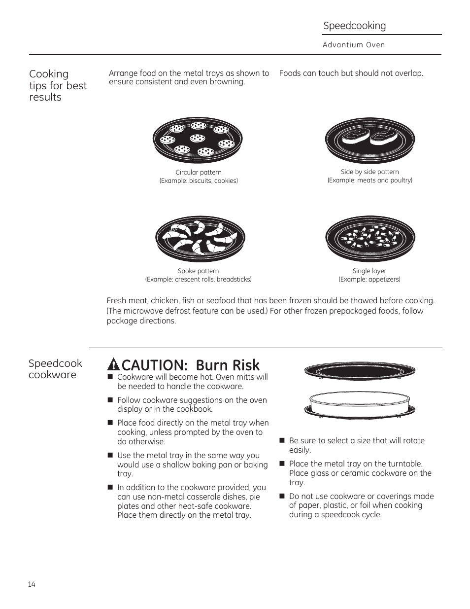 Acaution: burn risk, Cooking tips for best results, Speedcook cookware | Speedcooking | GE CSA1201RSS User Manual | Page 14 / 80