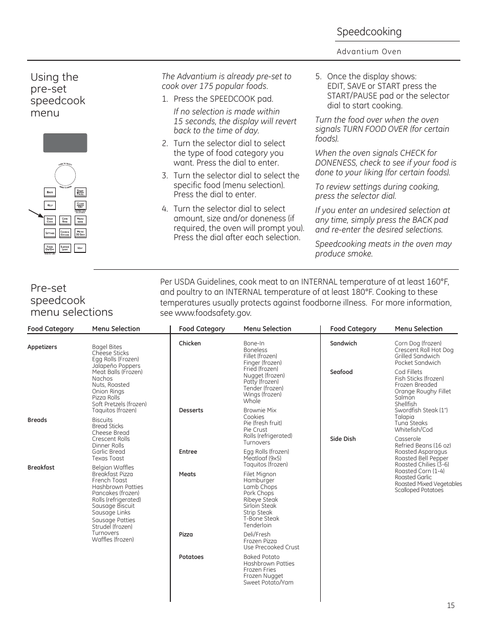 Using the pre-set speedcook menu, Pre-set speedcook menu selections, Speedcooking | Advantium oven | GE CSA1201RSS User Manual | Page 15 / 80