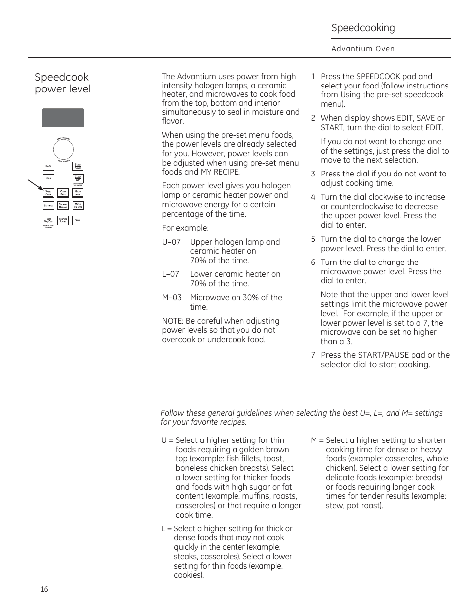 Speedcook power level, Speedcooking | GE CSA1201RSS User Manual | Page 16 / 80