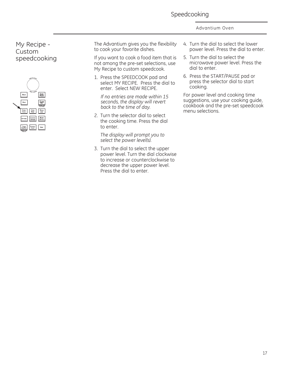 My recipe - custom speedcooking, Speedcooking | GE CSA1201RSS User Manual | Page 17 / 80