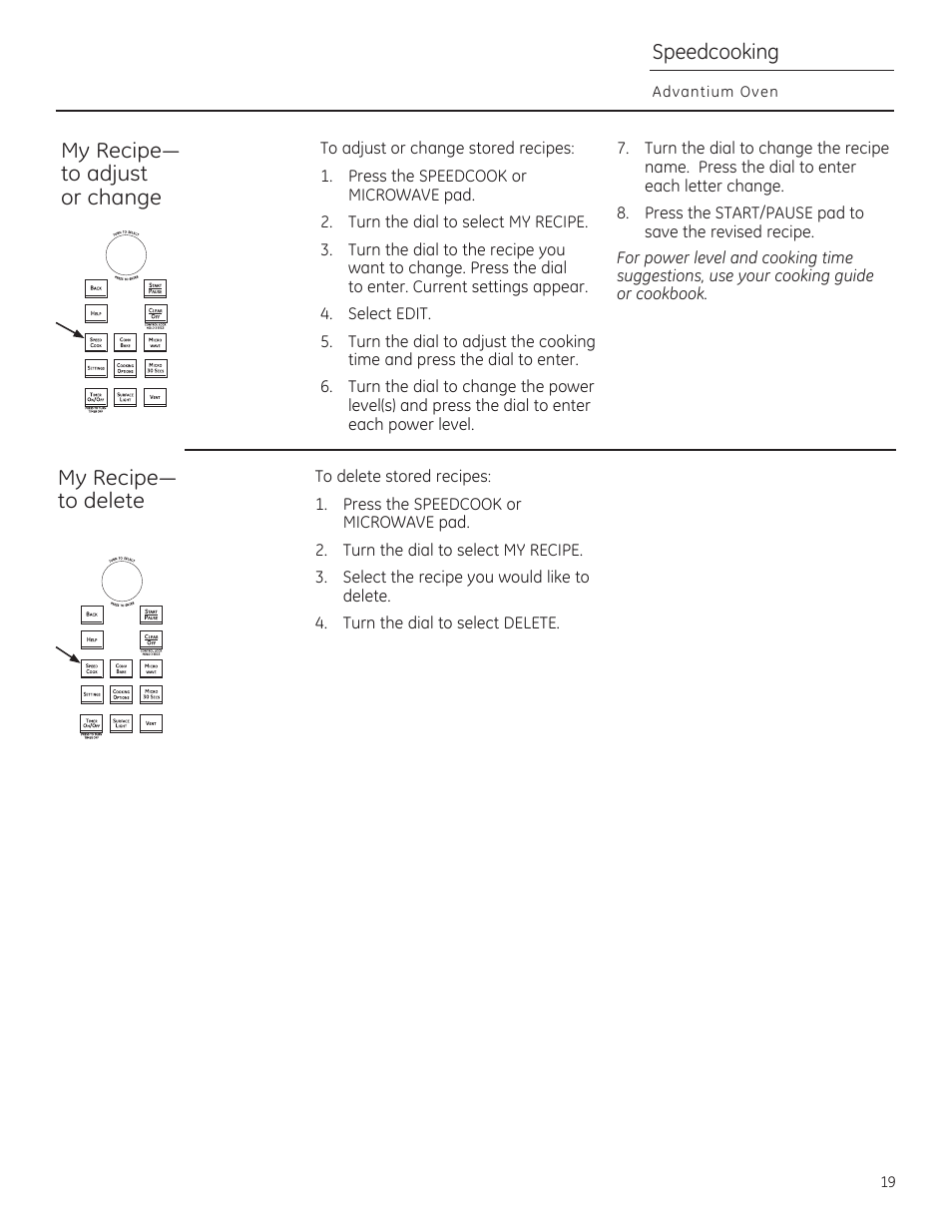 My recipe- to adjust or change, Recipe- to delete, Speedcooking | GE CSA1201RSS User Manual | Page 19 / 80