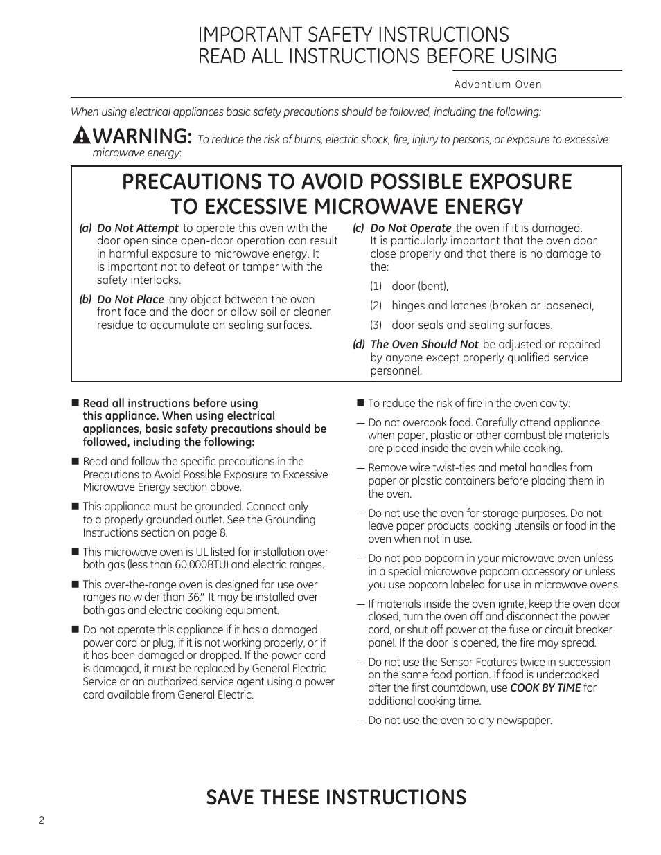 Save these instructions, Awarning | GE CSA1201RSS User Manual | Page 2 / 80