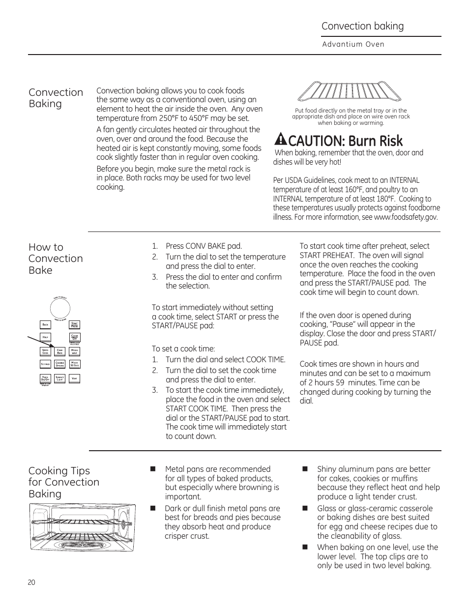 Convection baking, Acaution: burn risk, Ution: burn risk | How to, Convection, Bake, Cooking tips for convection baking | GE CSA1201RSS User Manual | Page 20 / 80