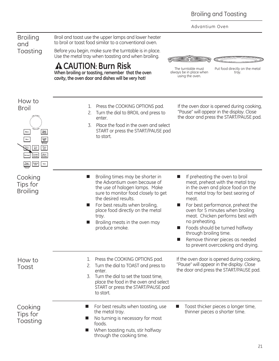 A caution: burn risk, Broiling and toasting | GE CSA1201RSS User Manual | Page 21 / 80