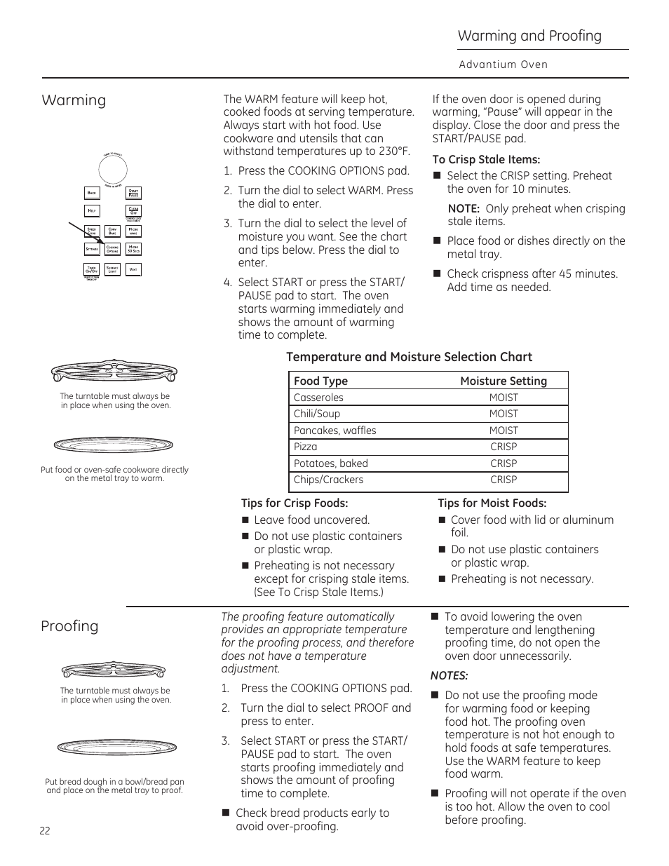 Tips for crisp foods, Tips for moist foods, Warming | Proofing, Warming and proofing | GE CSA1201RSS User Manual | Page 22 / 80