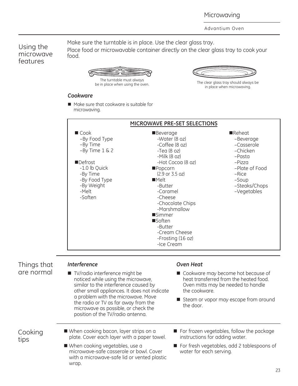 Using the microwave features, Things that are normal, Cooking tips | Microwaving | GE CSA1201RSS User Manual | Page 23 / 80