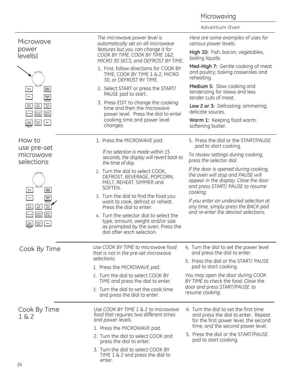 Microwave power level(s), How to use pre-set microwave selections, Cook by time | Microwaving | GE CSA1201RSS User Manual | Page 24 / 80