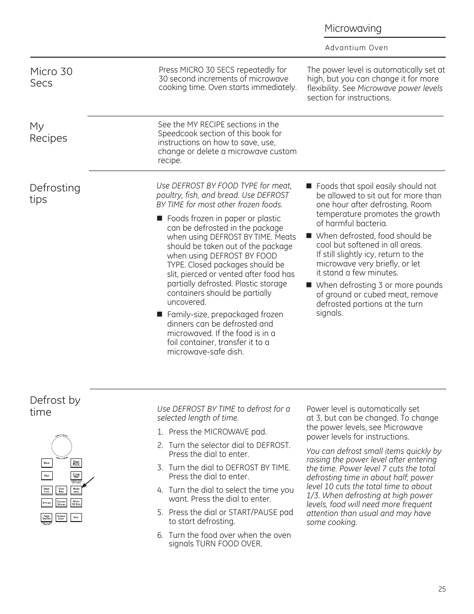 Micro 30 secs, Recipes, Micro 30 secs my recipes | My recipes, Defrosting tips, Defrost by time, Microwaving | GE CSA1201RSS User Manual | Page 25 / 80