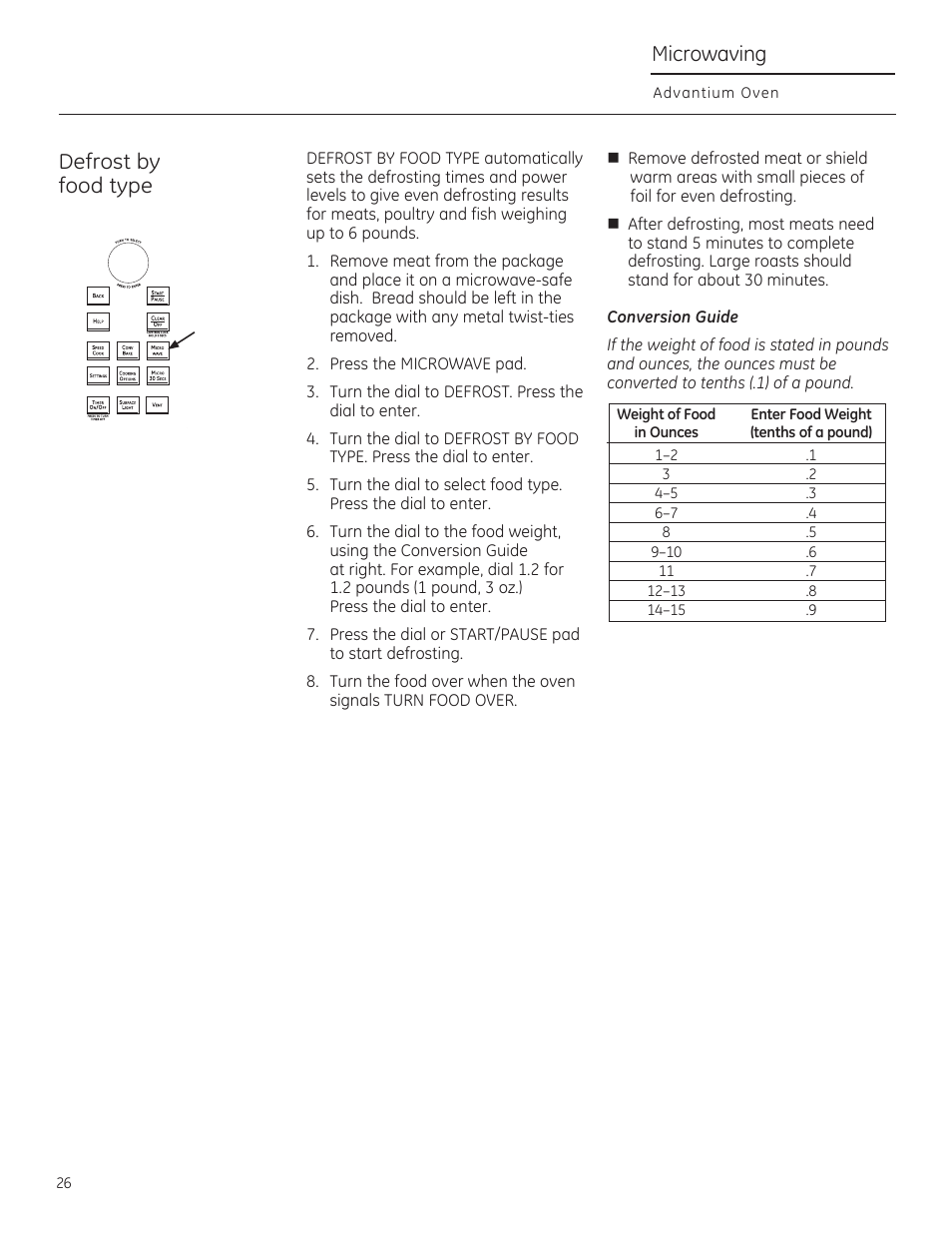 Defrost by food type, Microwaving, Advantium oven | GE CSA1201RSS User Manual | Page 26 / 80