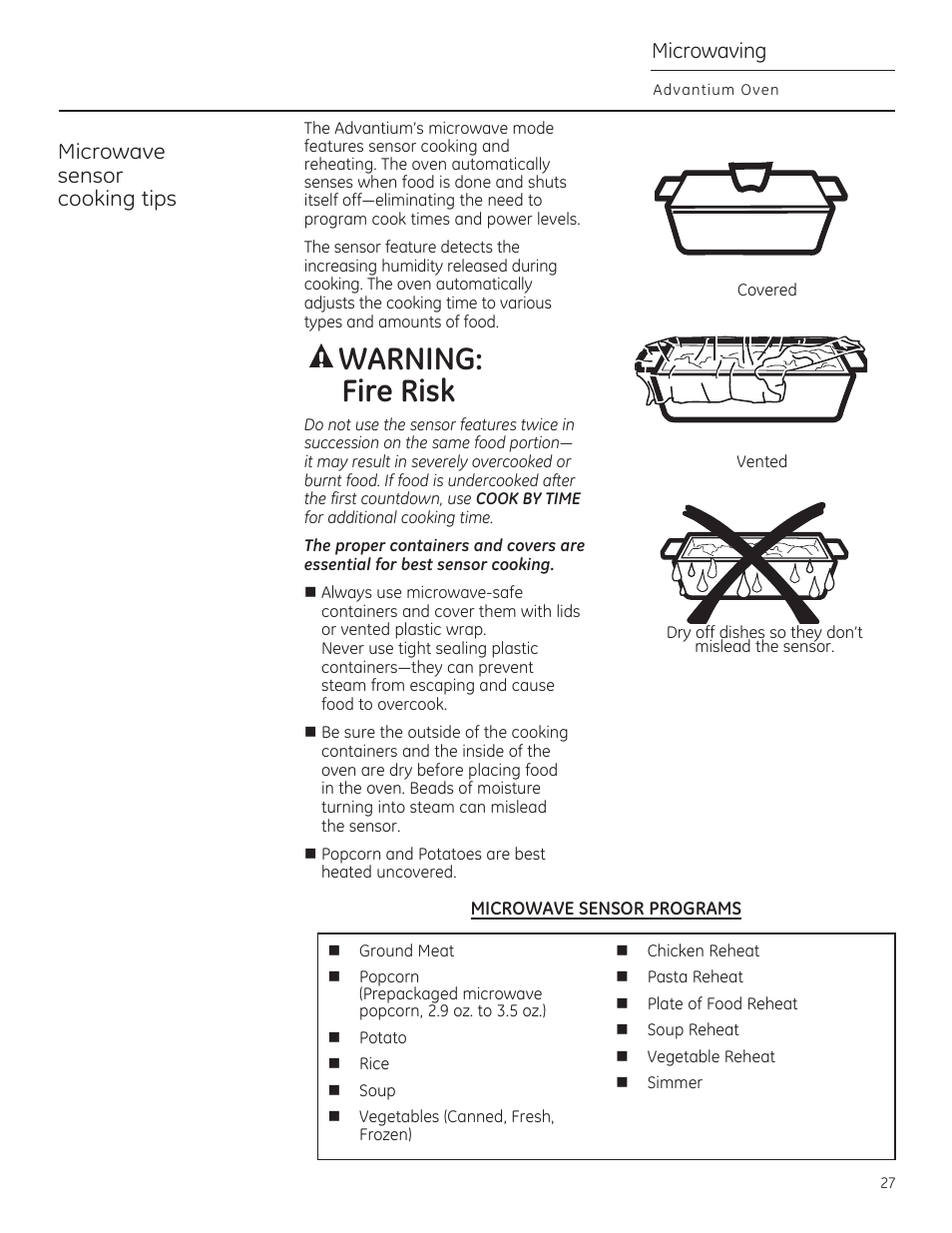 A warning: fire risk, Microwave sensor cooking tips, Microwaving | GE CSA1201RSS User Manual | Page 27 / 80