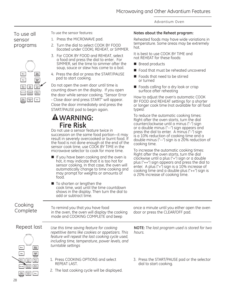 To use all, Sensor, Programs | Awarning, Fire risk, Notes about the reheat program, Cooking, Complete, Repeat lost, Arning: fire risk | GE CSA1201RSS User Manual | Page 28 / 80