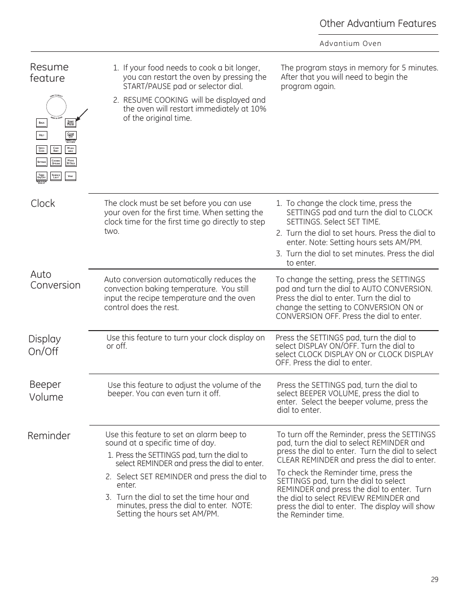 Resume feature, Clock, Auto conversion | Display on/off, Beeper volume, Reminder, Other advantium features | GE CSA1201RSS User Manual | Page 29 / 80
