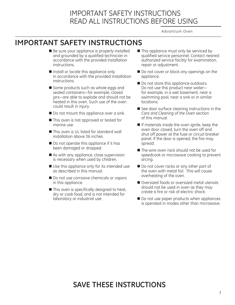 Important safety instructions, Save these instructions | GE CSA1201RSS User Manual | Page 3 / 80