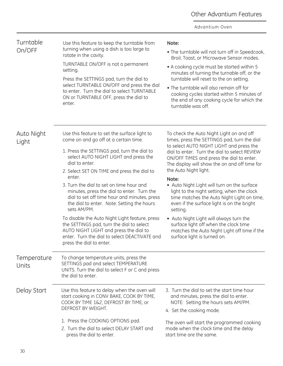 Note, Turntable on/off, Auto night light | Temperature units, Delay start, Other advantium features | GE CSA1201RSS User Manual | Page 30 / 80