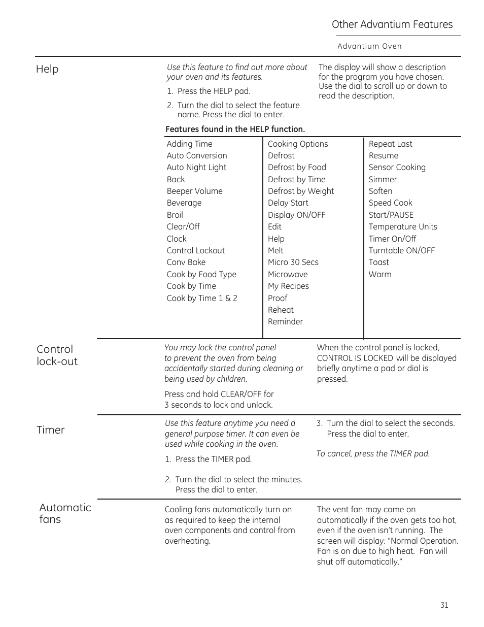 Control, Lock-out, Timer | Automatic, Fans, Help control lock-out timer automatic fans, Other advantium features | GE CSA1201RSS User Manual | Page 31 / 80