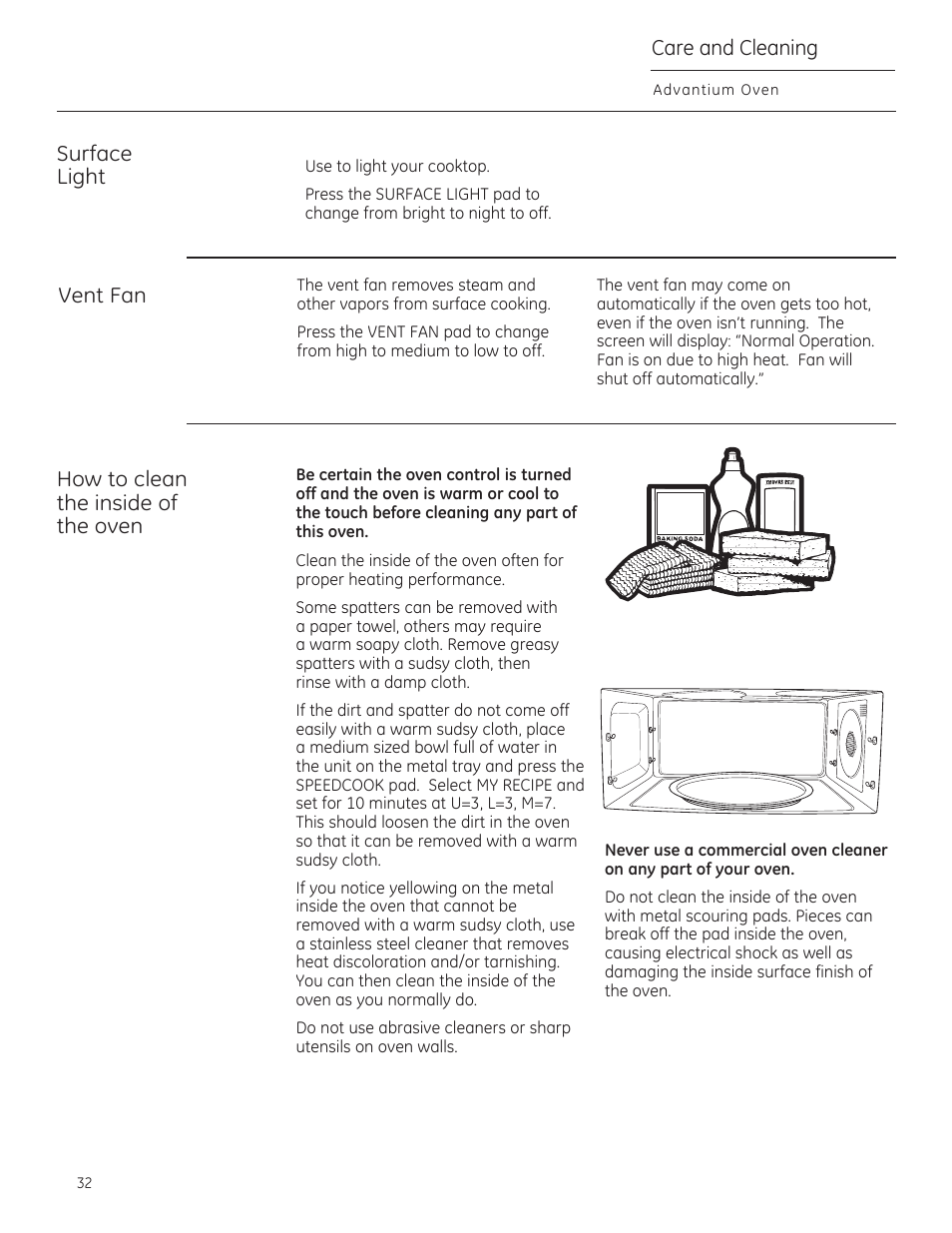 Surface light, Vent fan, How to clean the inside of the oven | Саге and cleaning | GE CSA1201RSS User Manual | Page 32 / 80