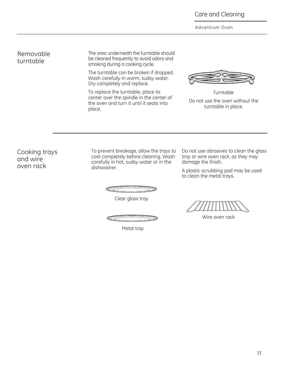 Removable turntable, Cooking trays and wire oven rack, Саге and cleaning | GE CSA1201RSS User Manual | Page 33 / 80
