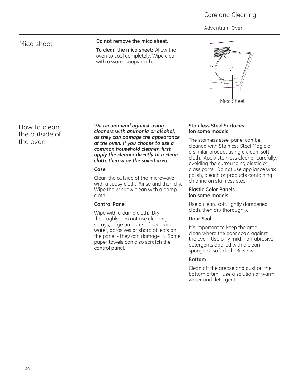 Do not remove the mica sheet, Case, Control panel | Stainless steel surfaces (on some models), Plastic color panels (on some models), Door seal, Bottom, Mica sheet, How to clean the outside of the oven, Саге and cleaning | GE CSA1201RSS User Manual | Page 34 / 80