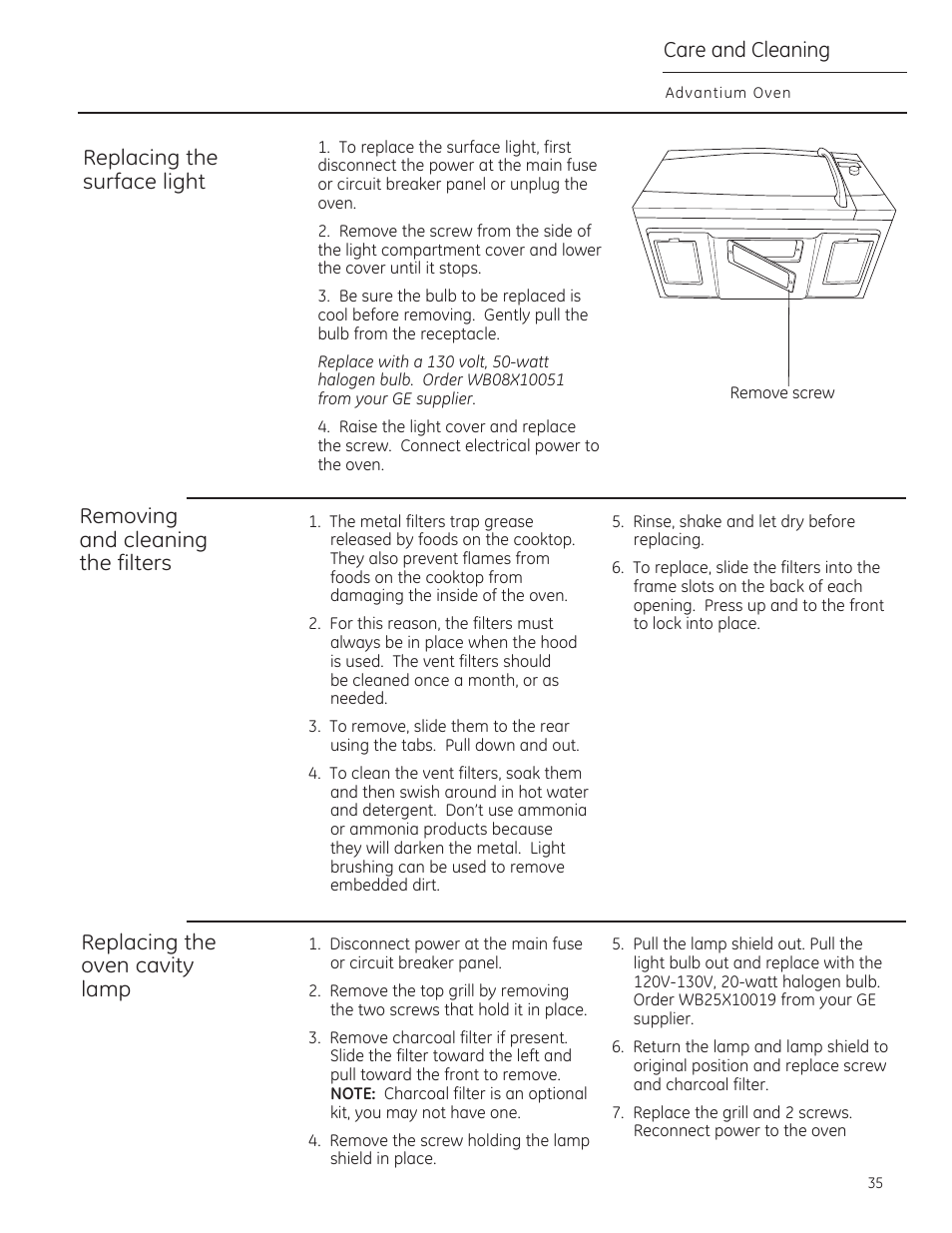 Replacing the surface light, Removing and cleaning the filters, Replacing the oven cavity lamp | Саге and cleaning | GE CSA1201RSS User Manual | Page 35 / 80