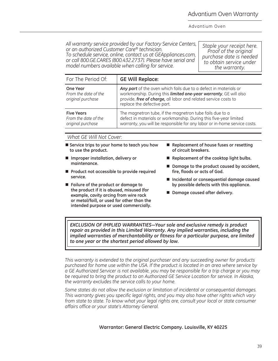 Advantium oven warranty | GE CSA1201RSS User Manual | Page 39 / 80