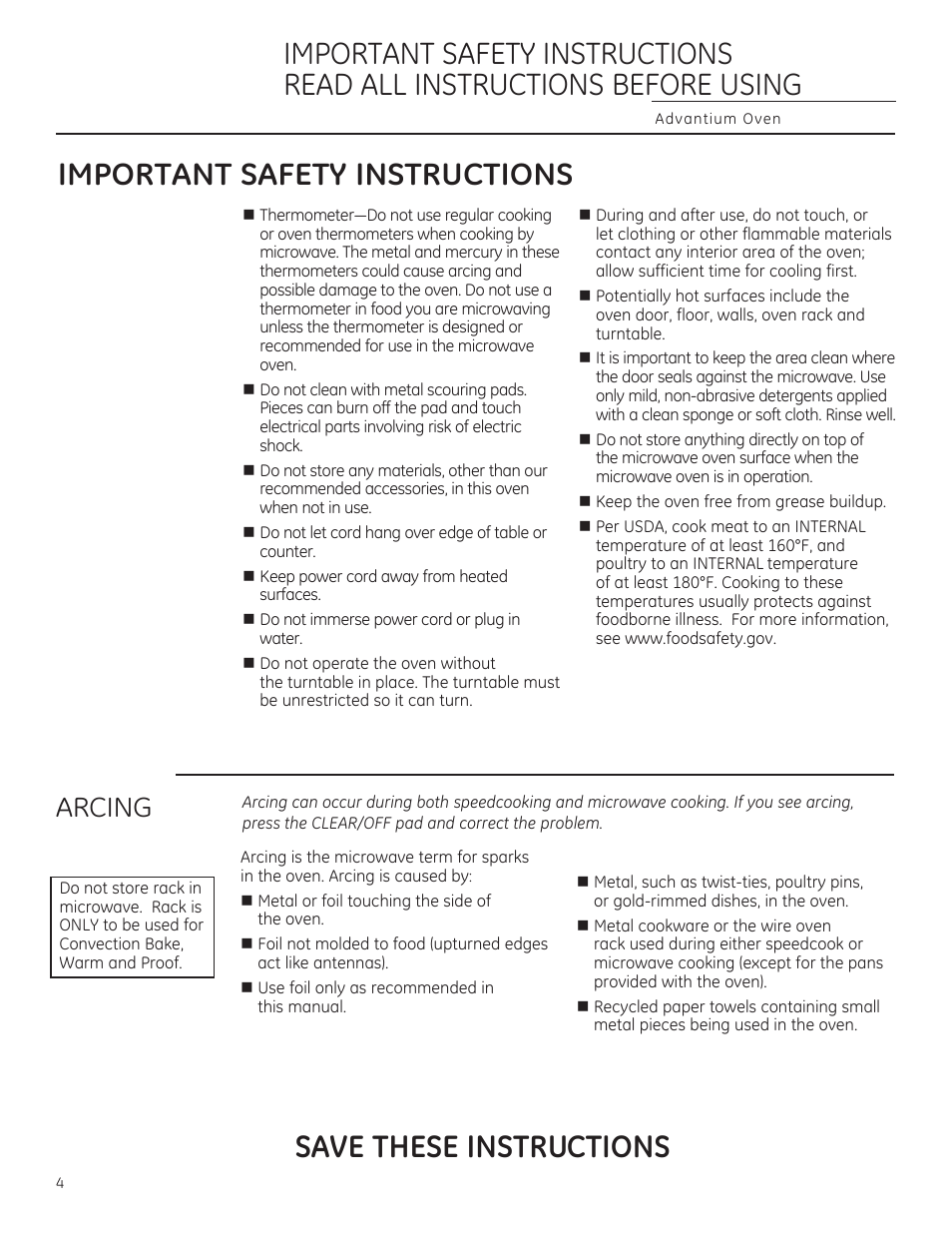 Important safety instructions, Save these instructions, Arcing | GE CSA1201RSS User Manual | Page 4 / 80