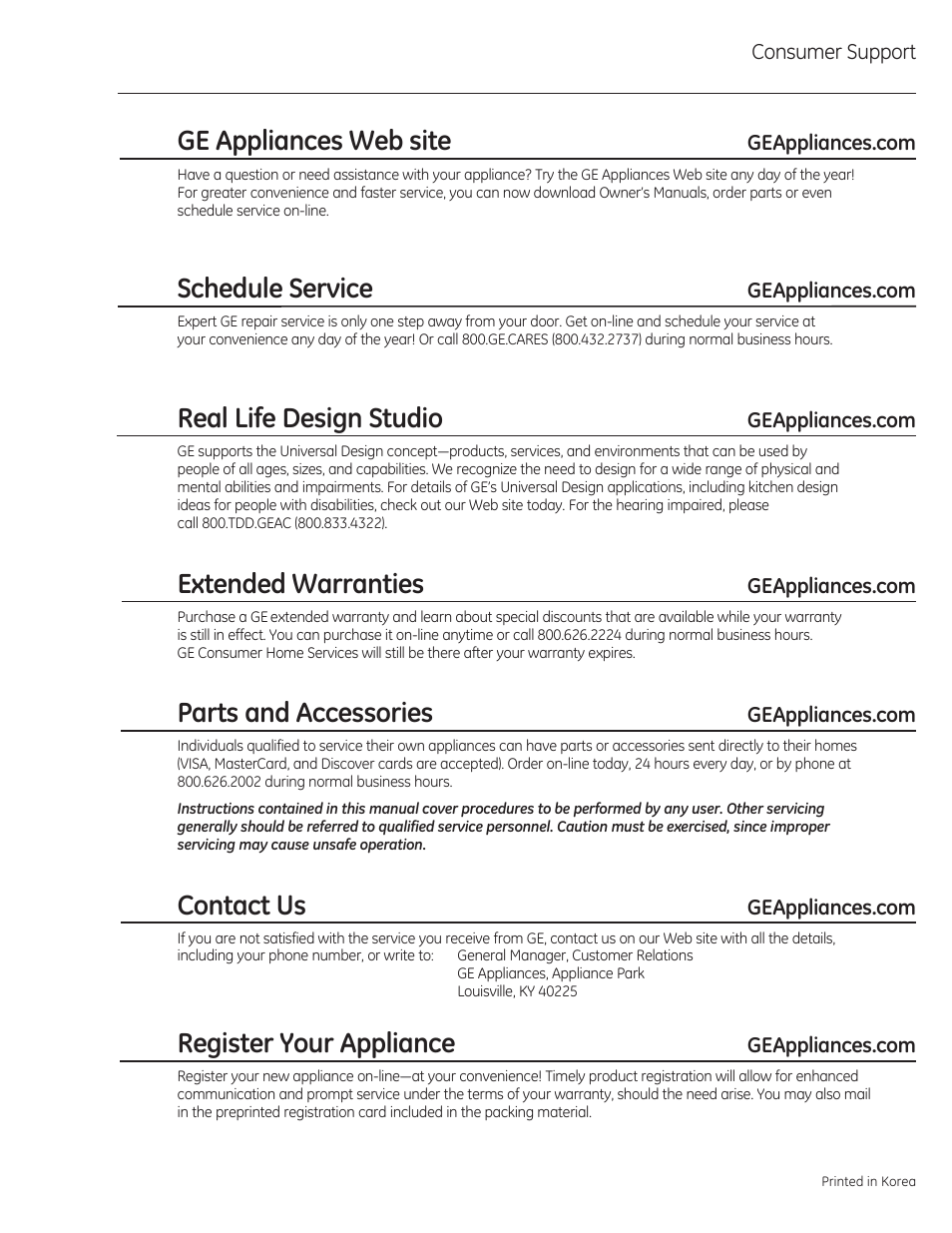 Consumer support, Ge appliances web site, Schedule service | Real life design studio, Extended warranties, Parts and accessories, Contact us, Register your appliance | GE CSA1201RSS User Manual | Page 40 / 80