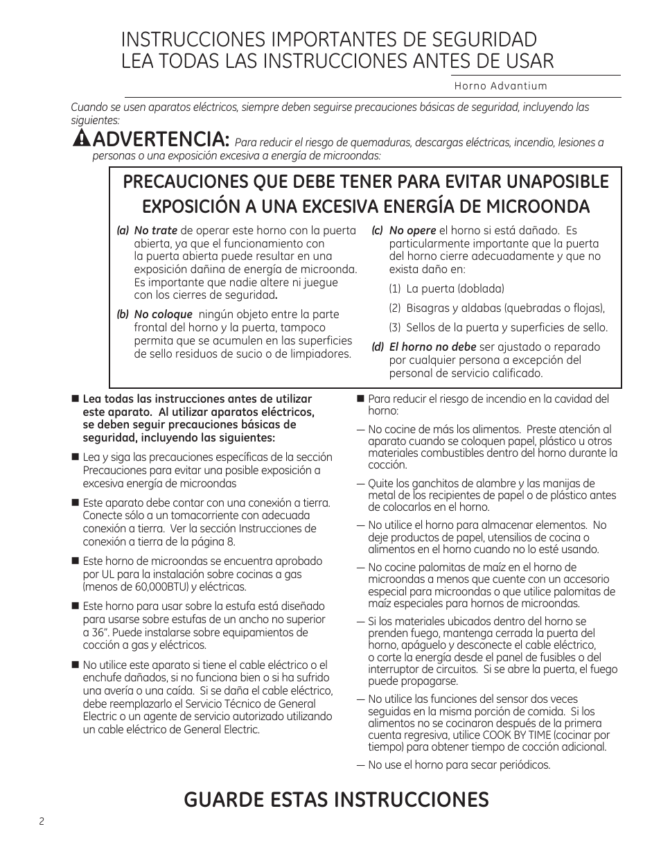 Guarde estas instrucciones, Dvertencia | GE CSA1201RSS User Manual | Page 42 / 80