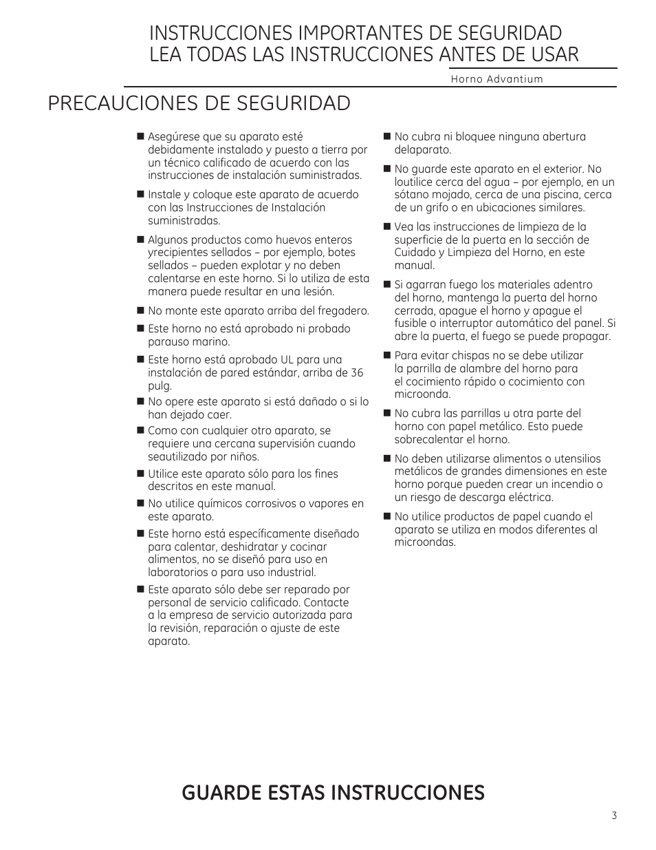 Precauciones de seguridad, Guarde estas instrucciones | GE CSA1201RSS User Manual | Page 43 / 80