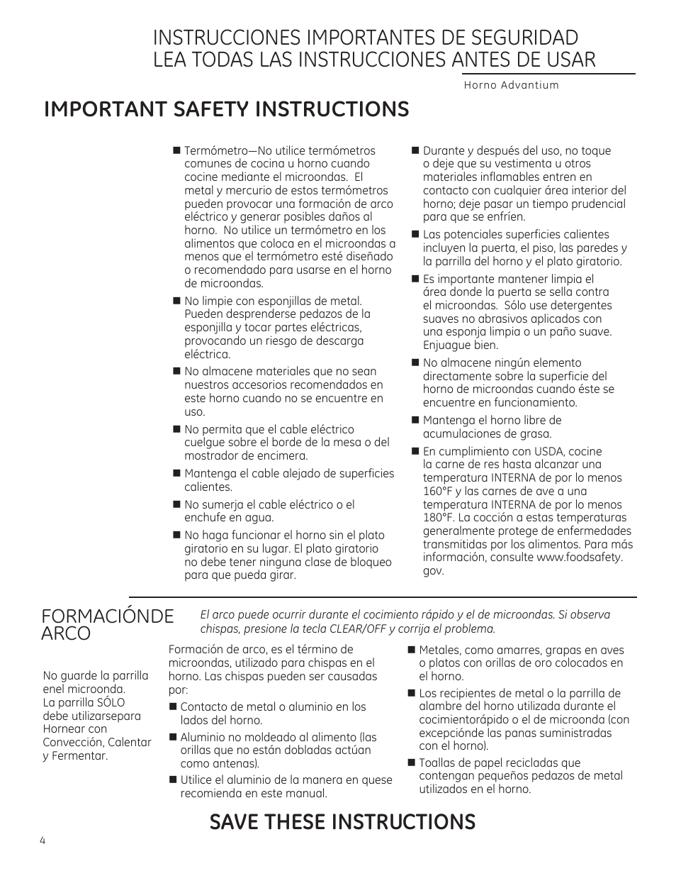 Save these instructions, Formacionde arco | GE CSA1201RSS User Manual | Page 44 / 80