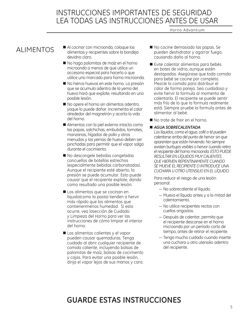 Guarde estas instrucciones, Alimentos | GE CSA1201RSS User Manual | Page 45 / 80