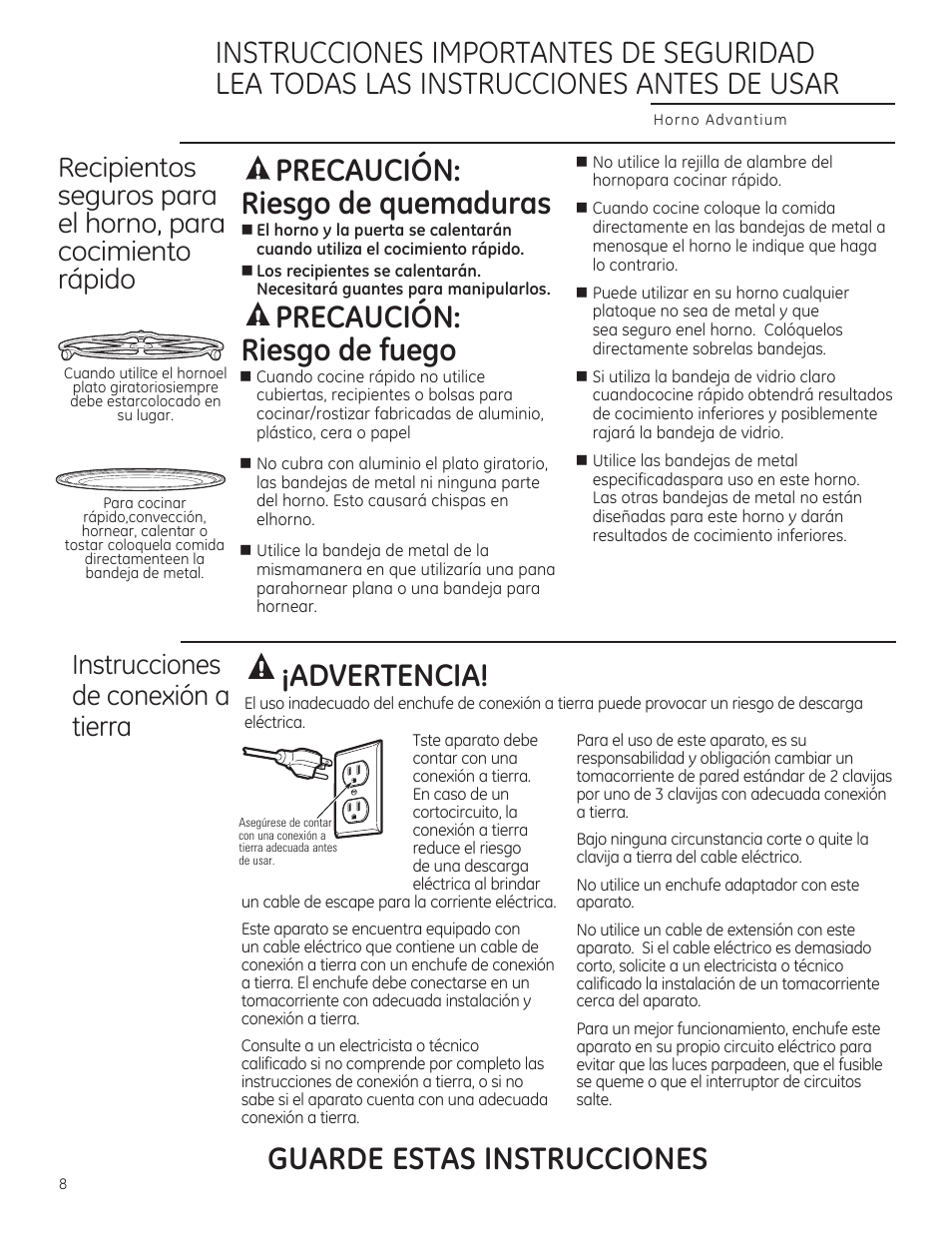 Д íadvertencia, Guarde estas instrucciones, A precaución: riesgo de quemaduras | A precaución: riesgo de fuego, Advertencia, Instrucciones de conexión a tierra | GE CSA1201RSS User Manual | Page 48 / 80