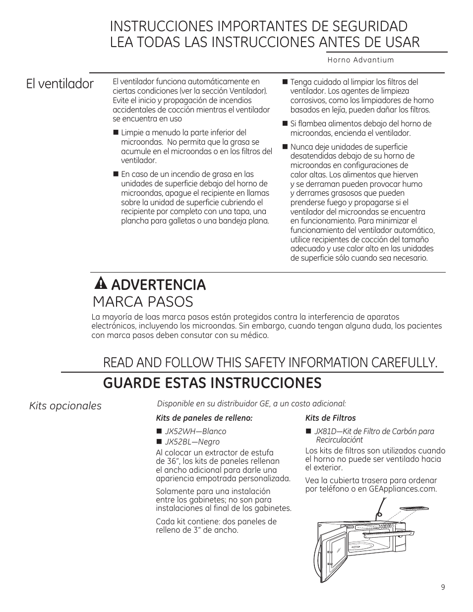 Marca pasos, Read and follow this safety information carefully, A advertencia | Guarde estas instrucciones, El ventilador | GE CSA1201RSS User Manual | Page 49 / 80