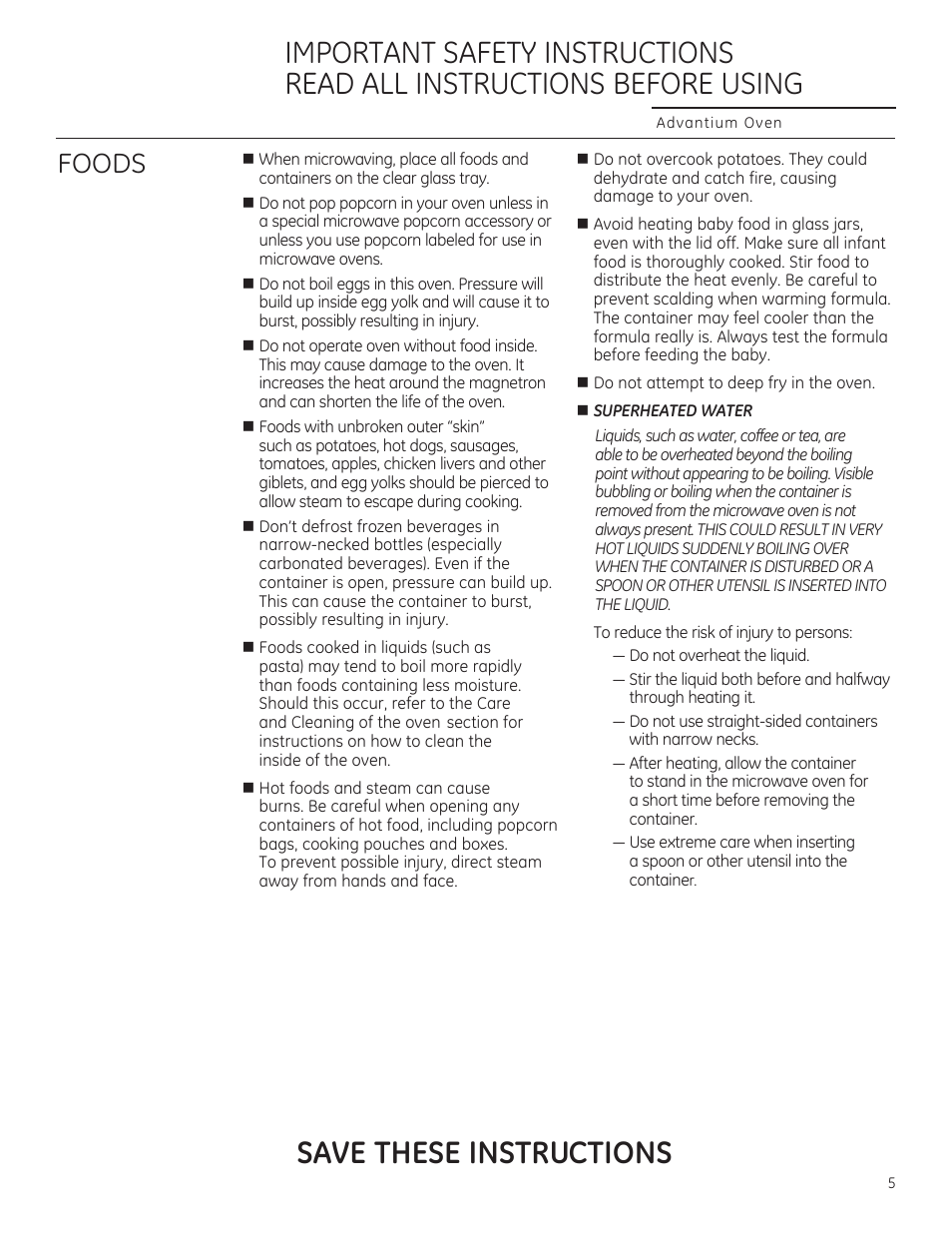 Save these instructions, Foods | GE CSA1201RSS User Manual | Page 5 / 80