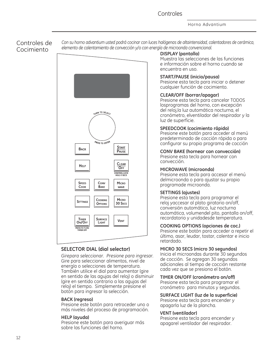 Controles, Controles de cocimiento, Horno advontium | Display (pantalla), Start/pause (inicio/pausa), Clear/off (borrar/apagar), Speedcook (cocimiento rápido), Conv bake (hornear con convección), Microwave (microonda), Settings (ajustes) | GE CSA1201RSS User Manual | Page 52 / 80