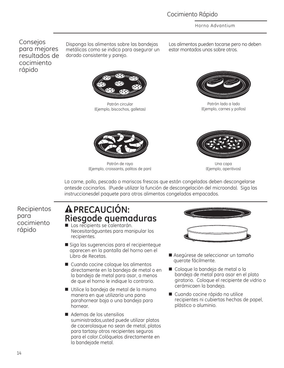 Aprecaución: riesgode quemaduras, Recipientes para cocimiento rápido, Cocimiento rápido | GE CSA1201RSS User Manual | Page 54 / 80