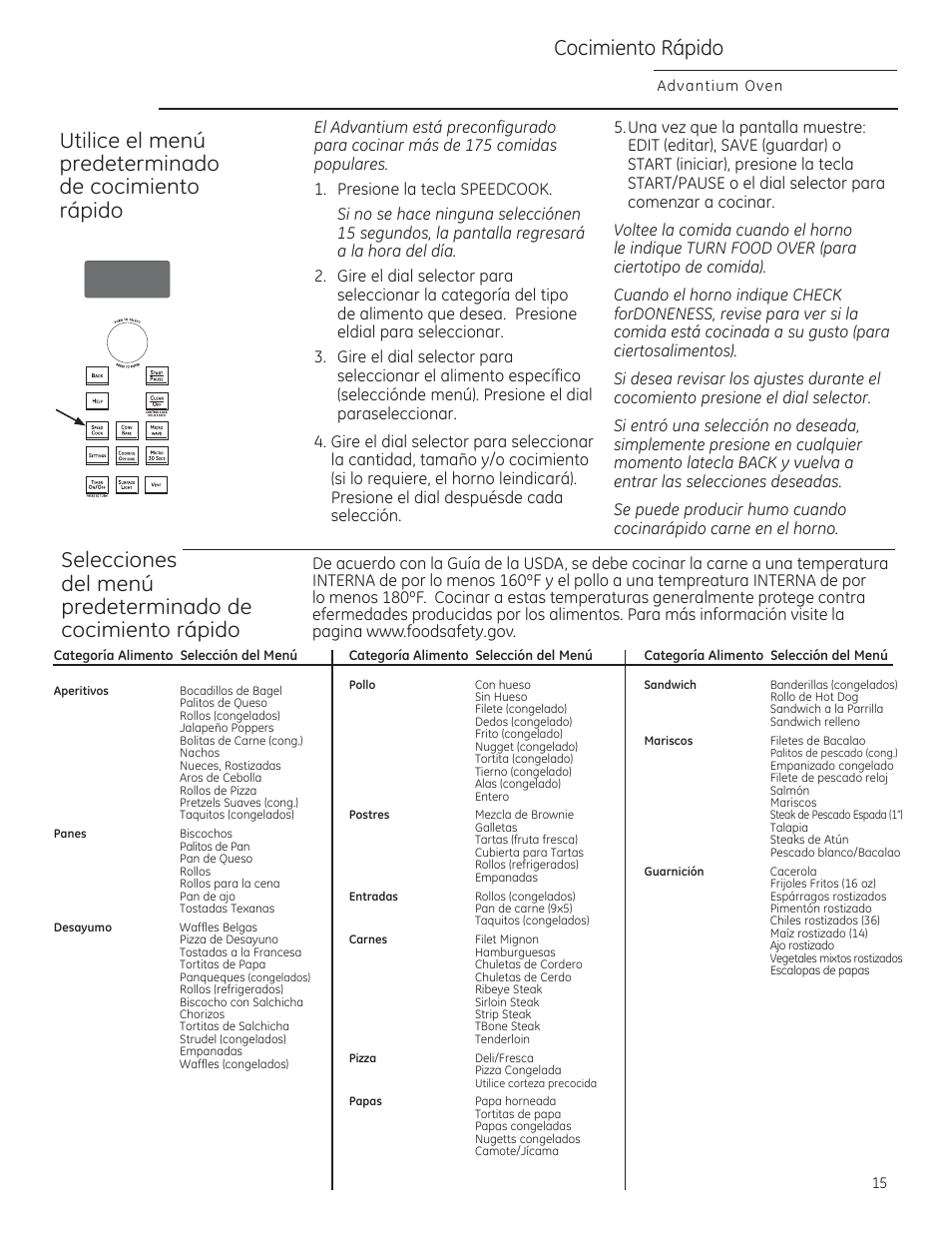 Cocimiento rápido, Advantium oven | GE CSA1201RSS User Manual | Page 55 / 80