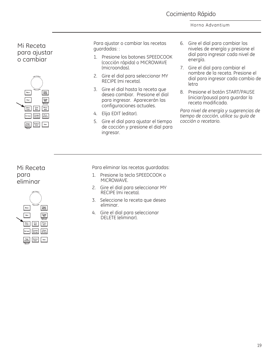 Mi receta para ajustar o cambiar, Mi receta para eliminar, Cocimiento rápido | GE CSA1201RSS User Manual | Page 59 / 80