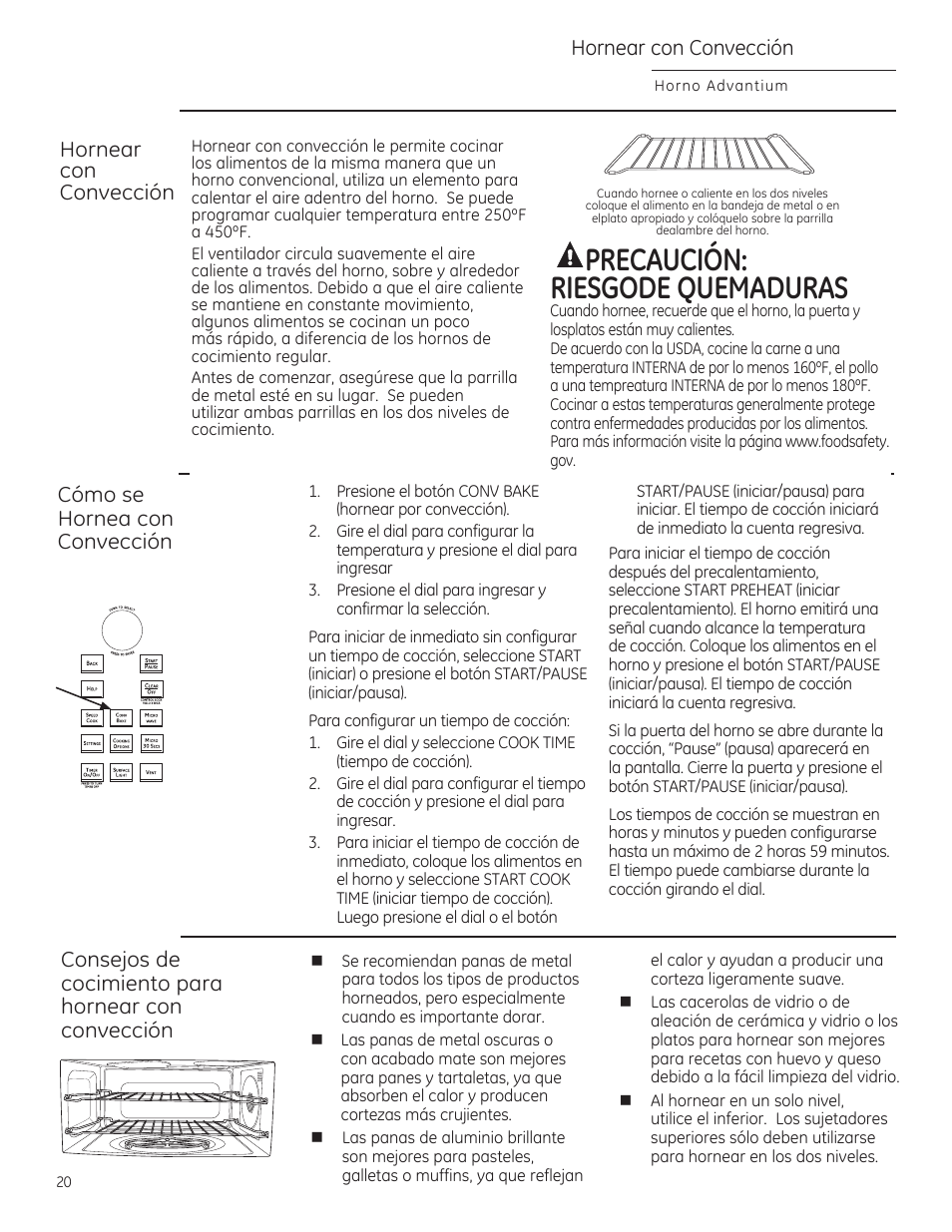 Hornear con convección, Aprecaución, Hornear con convecció | Caución: riesgode quemaduras, Cómo se, Hornea con convección, Consejos de cocimiento poro hornear con convección | GE CSA1201RSS User Manual | Page 60 / 80